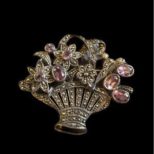 Vintage Sterling Silver Amethyst Marcasite Floral Brooch